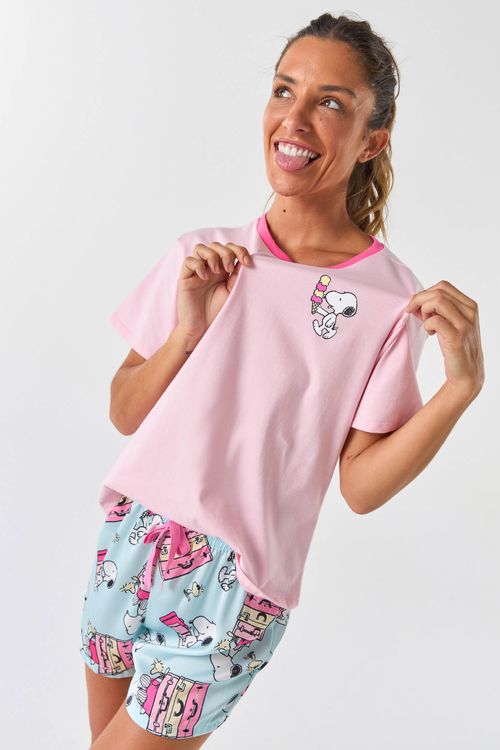 PIJAMA CURTO ALGODÃO E SHORT ACETINADO - SNOOPY FÉRIAS