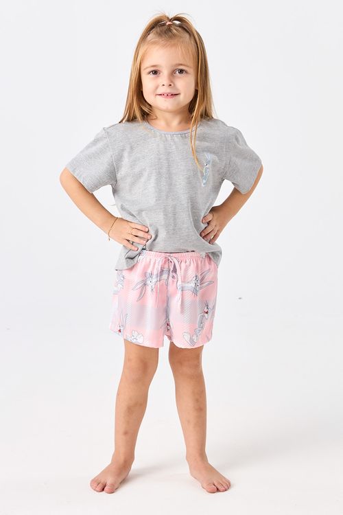 PIJAMA CURTO ALGODÃO E SHORT ACETINADO INFANTIL - PERNALONGA CLUB PINK