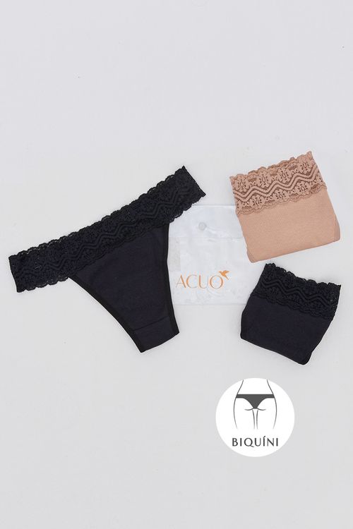 KIT CALCINHA BIQUÍNI TRIO BLACK E BEGE