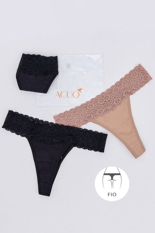 KIT CALCINHA FIO TRIO BLACK E BEGE