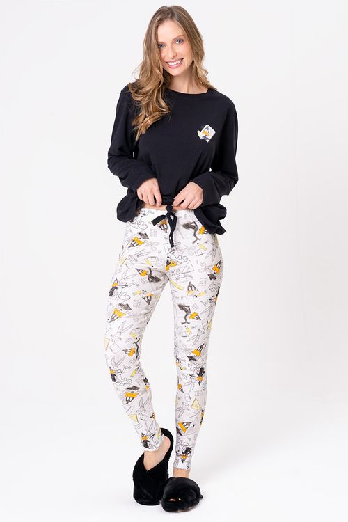 PIJAMA LONGO MEIA MALHA COM CALÇA DE RIBANA - LOONEY GERAÇÃO RAIZ