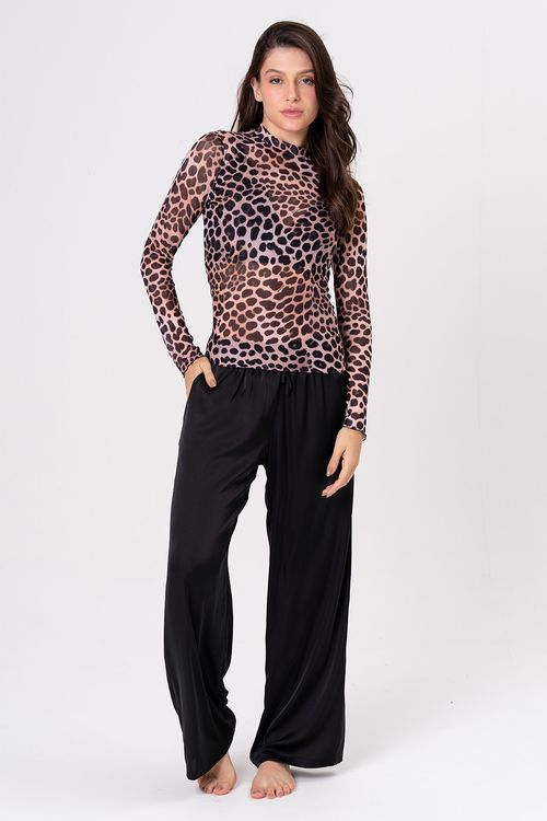 PIJAMA DE TULE ANIMAL PRINT COM CALÇA ACETINADA - FELINE