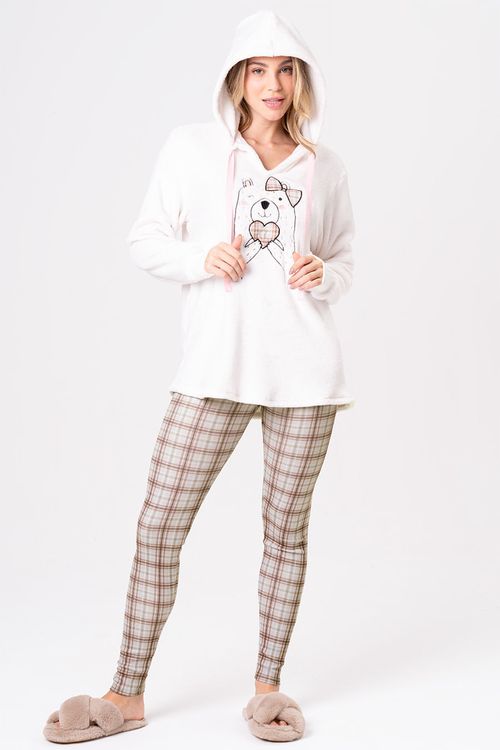 PIJAMA LONGO FEMININO XADREZ COM CAPUZ - MOCACCINO