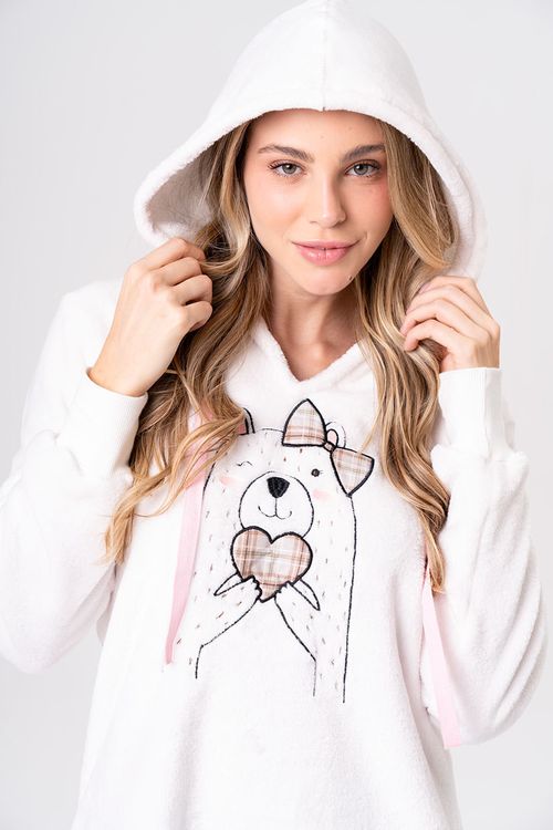 PIJAMA LONGO FEMININO XADREZ COM CAPUZ - MOCACCINO